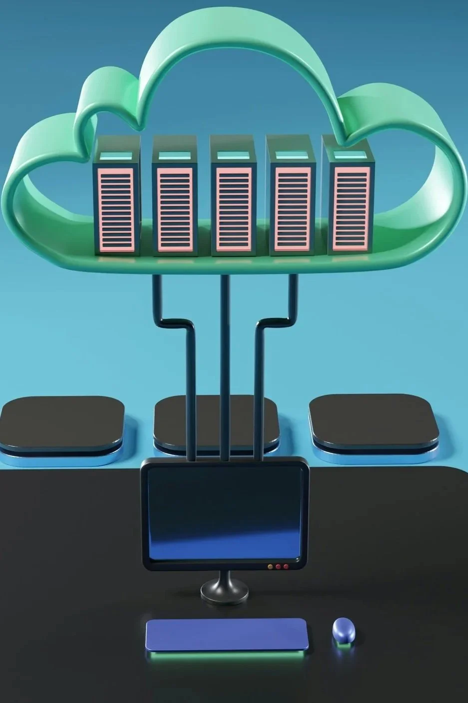 Digitale Cloud-Computing-Diagramm mit Servern, wolkenförmigem Rahmen und einem Computer an einem Konferenztisch