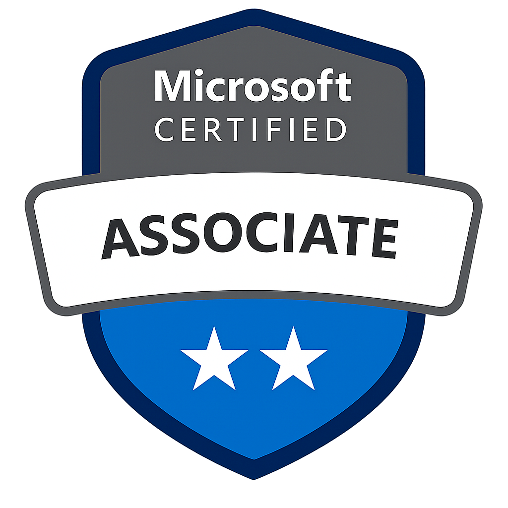 Microsoft Certified Associate Badge mit blauer Schild und zwei weißen Sternen.