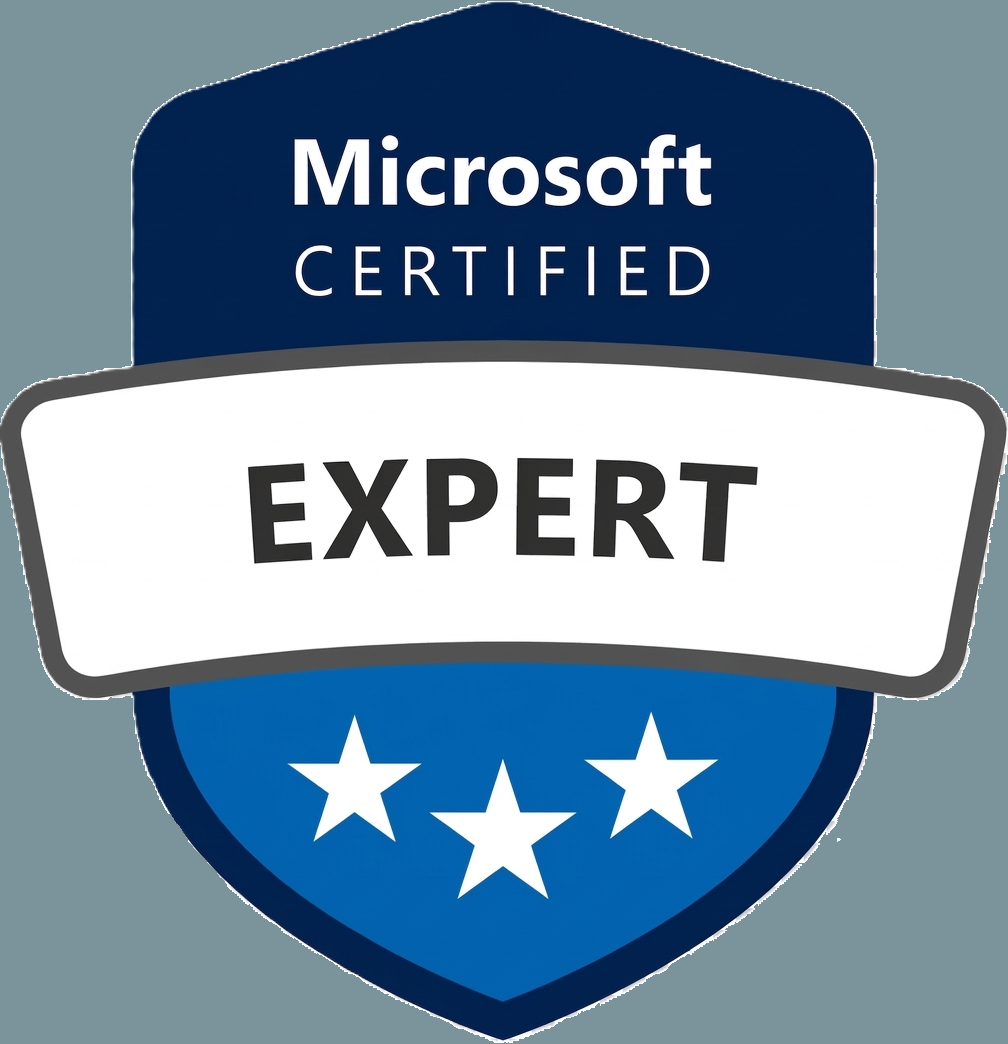 Microsoft Certified Expert Abzeichen mit einem blauen Schild und weißen Sternen