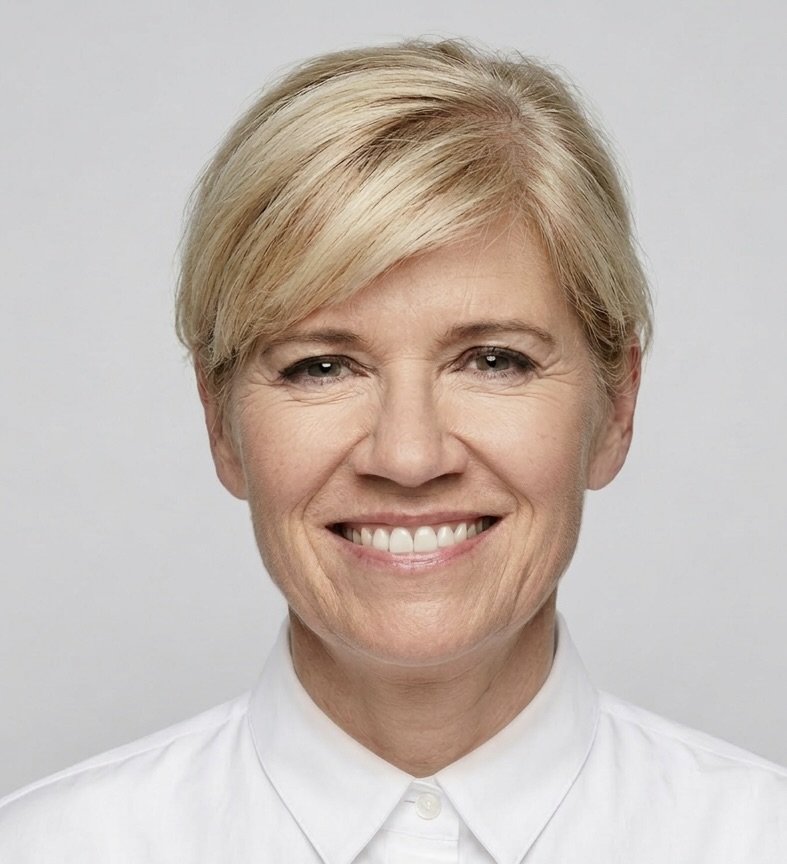 A middle-aged woman with short blonde hair smiling, wearing a white collared shirt, against a plain light background.