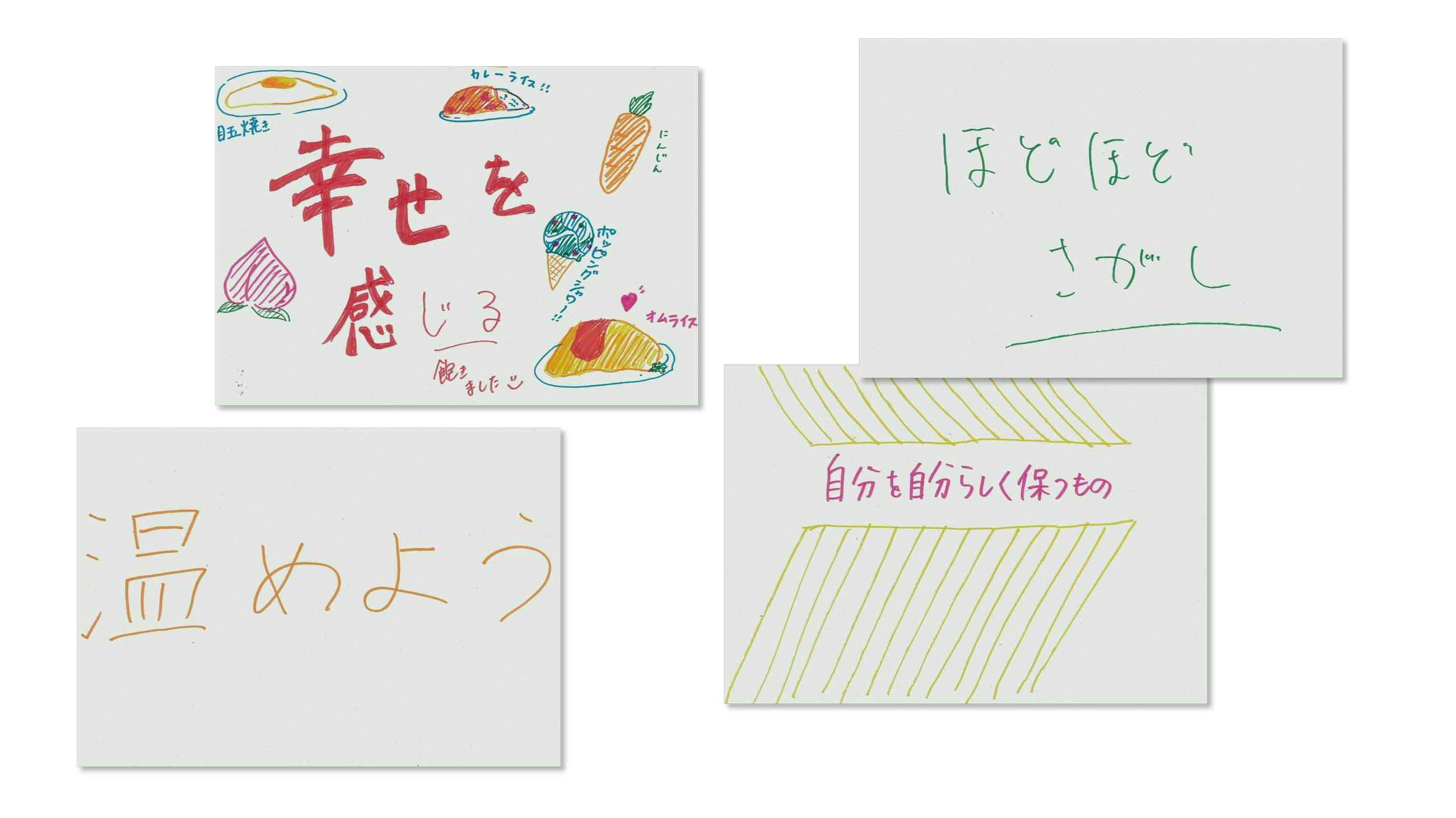 手描きのメモやイラストが複数描かれた紙のノート。 Happiness（幸せ）を感じる交流について書かれ、さまざまな絵や文章が彩り豊かに描かれている。