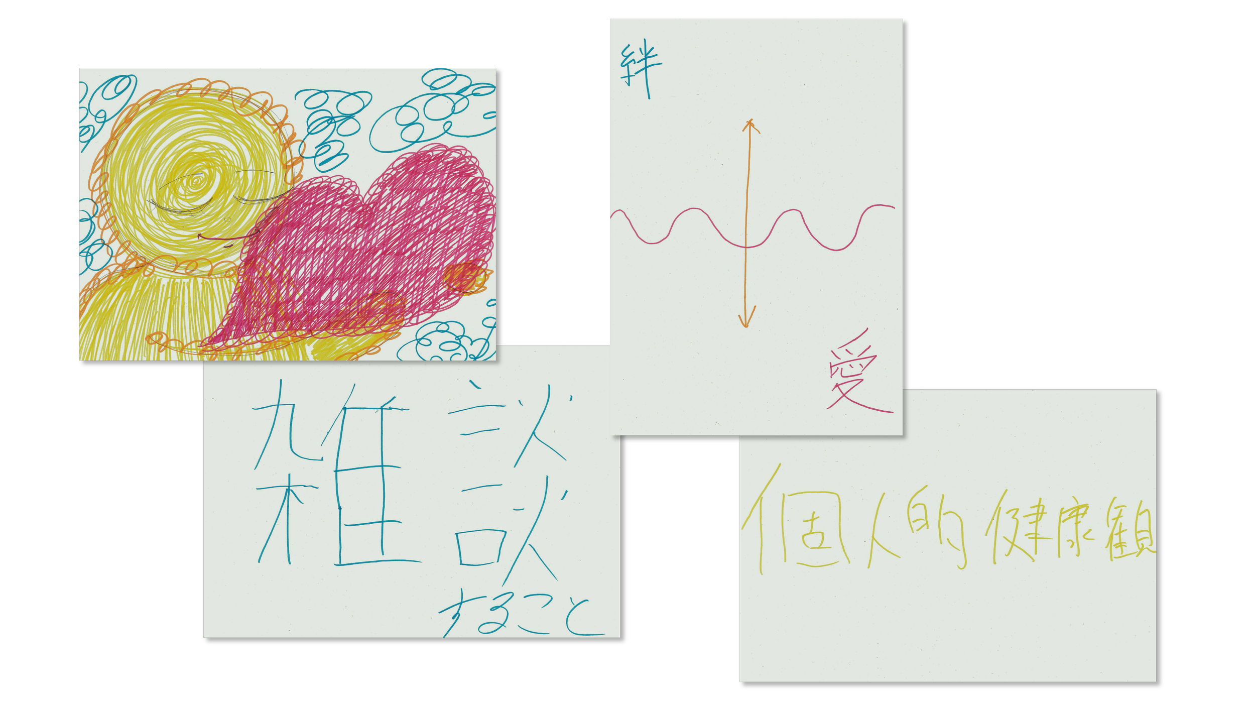 4つの手書きの紙メモと、イラストとグラフを含む画像。左上は太陽のような模様とハートの絵、左下は「仲良くすること」と書かれた文字、右上は縦軸と横軸に「絆」と「愛」と書かれたシンプルなグラフ、右下は「個人の健康観」と書かれた文字。