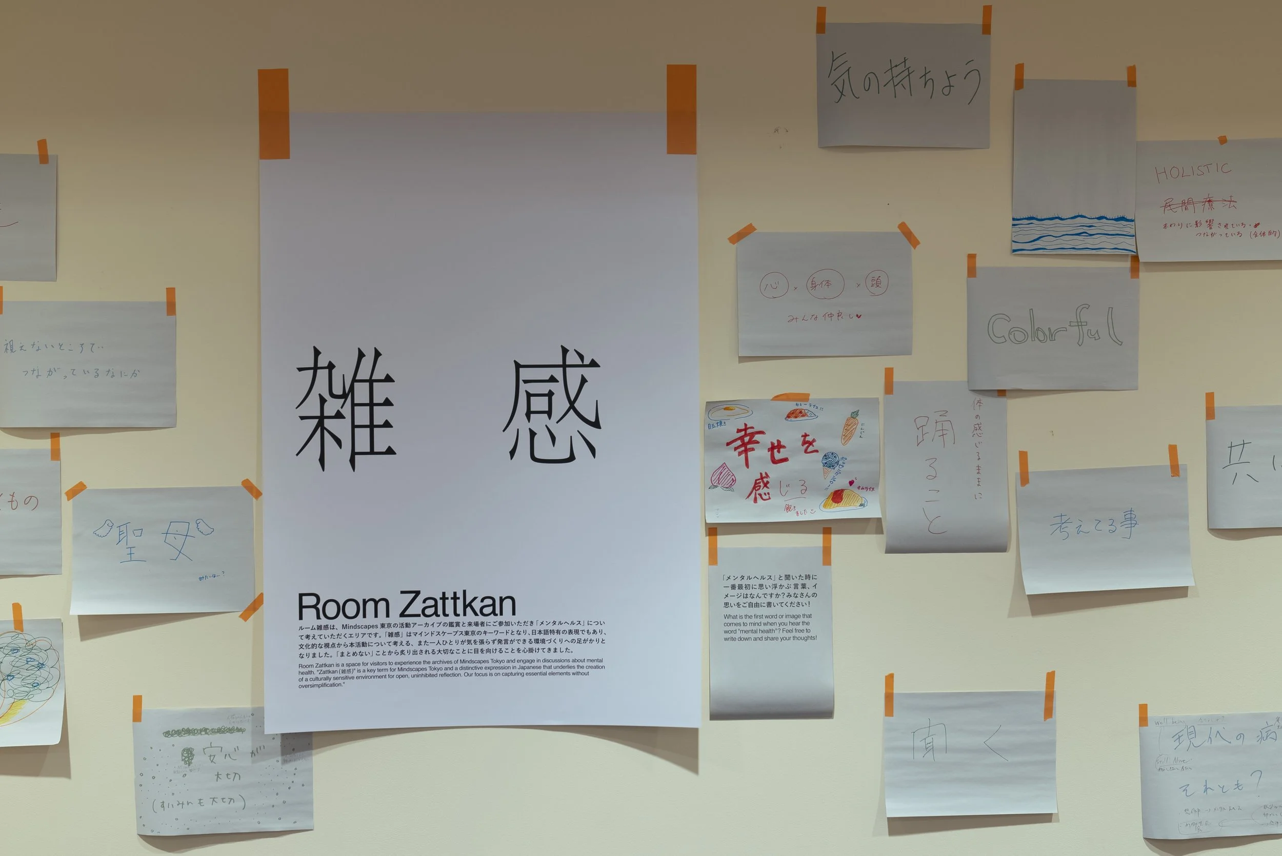 壁に貼られた紙の掲示板。中央に大きな白紙に『雑感』と書かれており、その下に『Room Zattkan』と書かれている。周囲には様々な色と大きさのメモやイラストが貼られている。