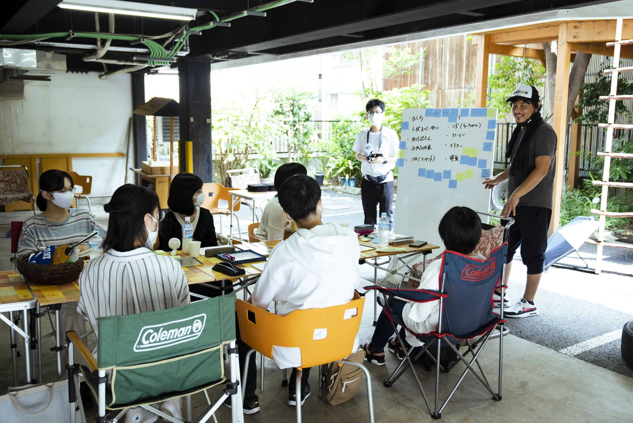 屋外の会議またはワークショップで、スピーカーと参加者が集まっています。参加者はマスクを着用し、白板に書かれた内容を見ています。周囲は緑豊かな環境です。」}