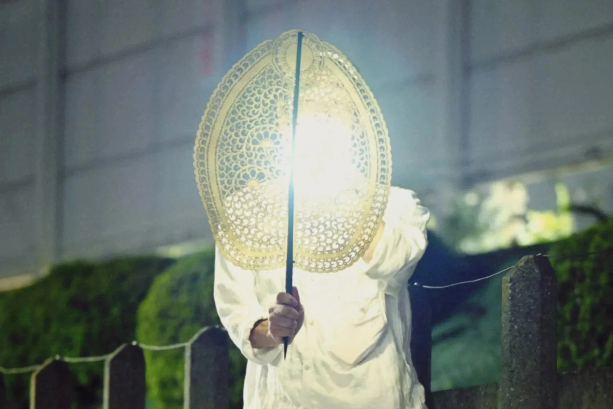 夜の野外で人が持つ虫除けの蚊帳を模した照明のようなランタンを持つ人物の後ろ姿。