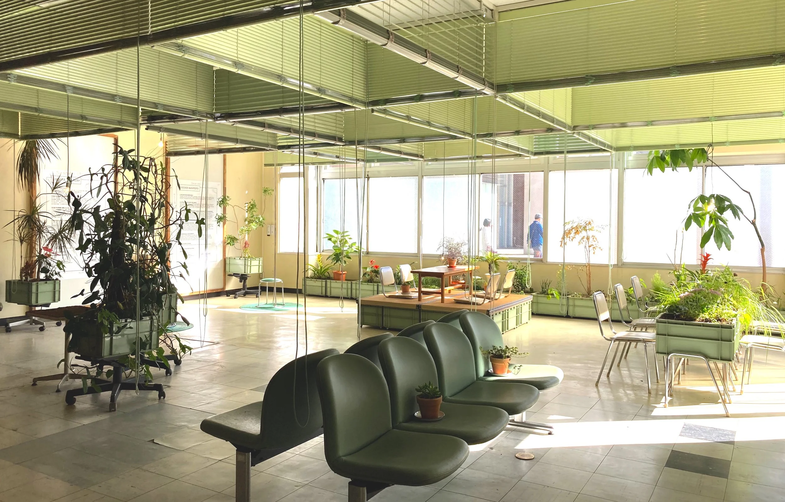 多くの観葉植物が置かれた室内の待合スペース。窓から明るい自然光が差し込み、緑色の天井カバーとベンチが並んでいる。