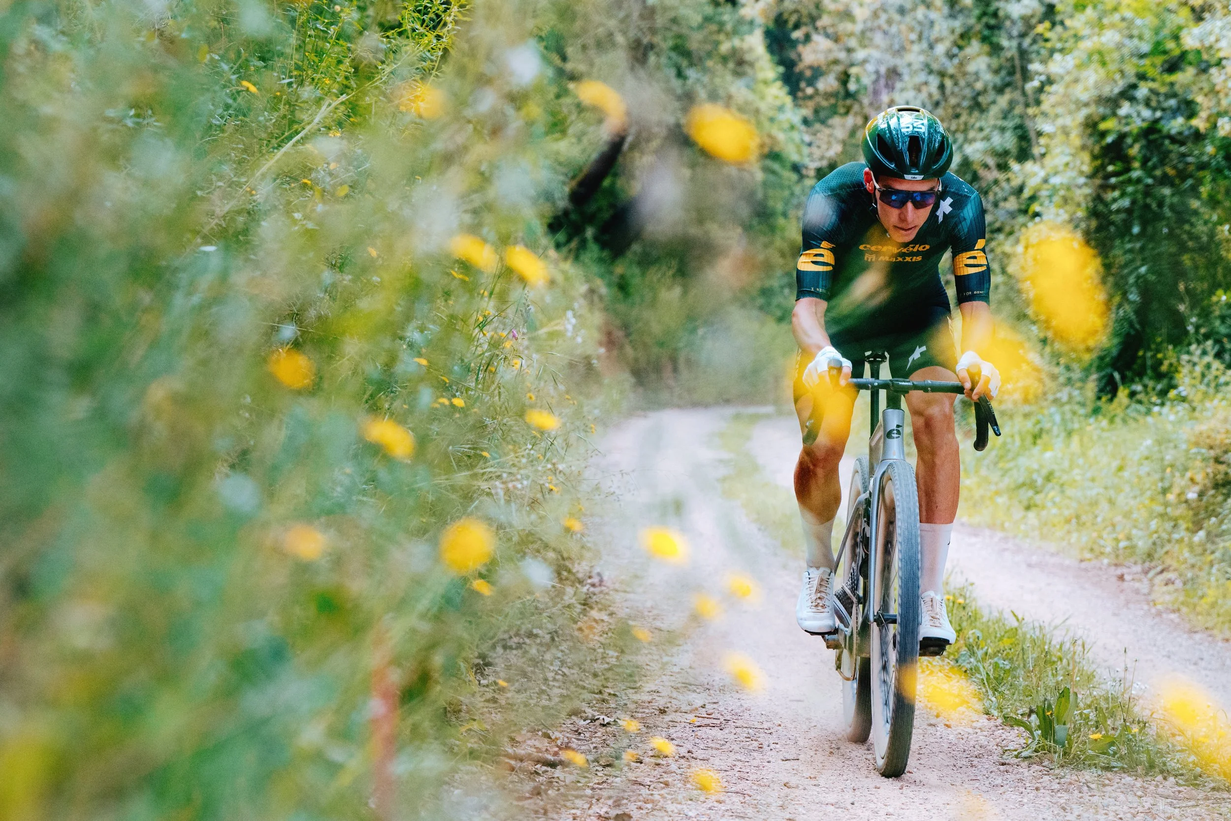 A cyclist wearing a black helmet, sunglasses, and a black cycling jersey with yellow accents rides a mountain bike on a dirt trail surrounded by green foliage and yellow wildflowers.
