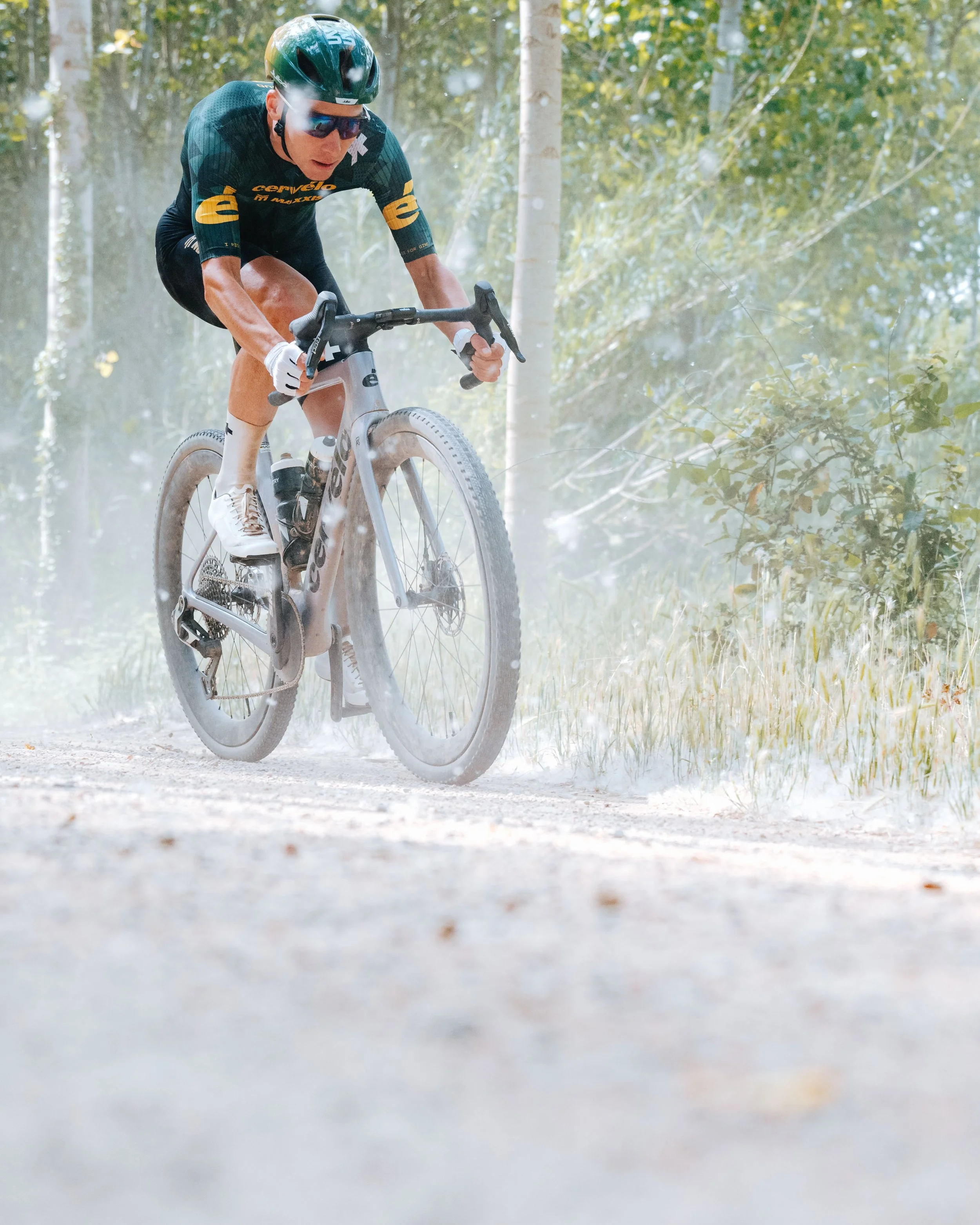 A cyclist is riding a mountain bike on a dirt trail through a forest, wearing a helmet and sunglasses, with dust trailing behind.