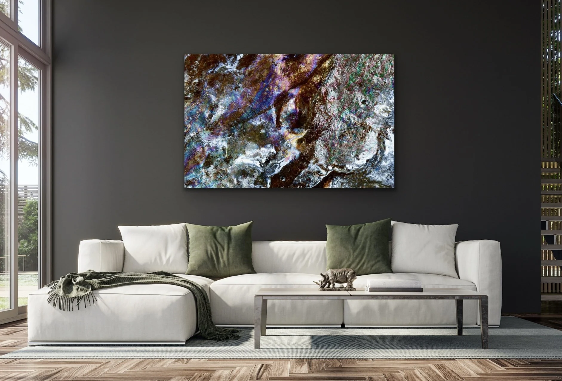 Large abstract wall art displayed in a modern living room