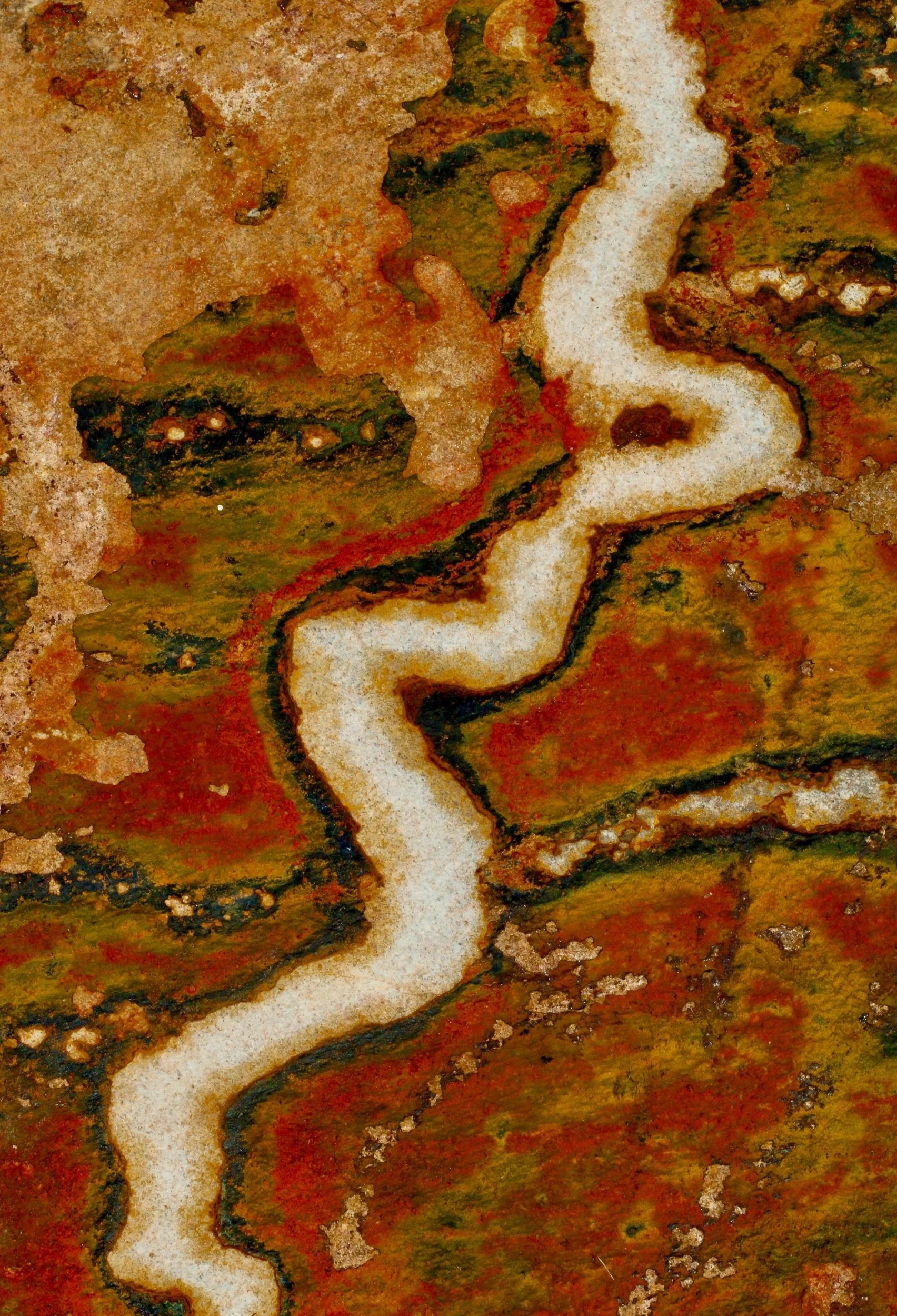 Ancient divide abstract acrylic wall art with weathered surface with a white winding streak running through it, with green, orange, and brown patches surrounding the crack.