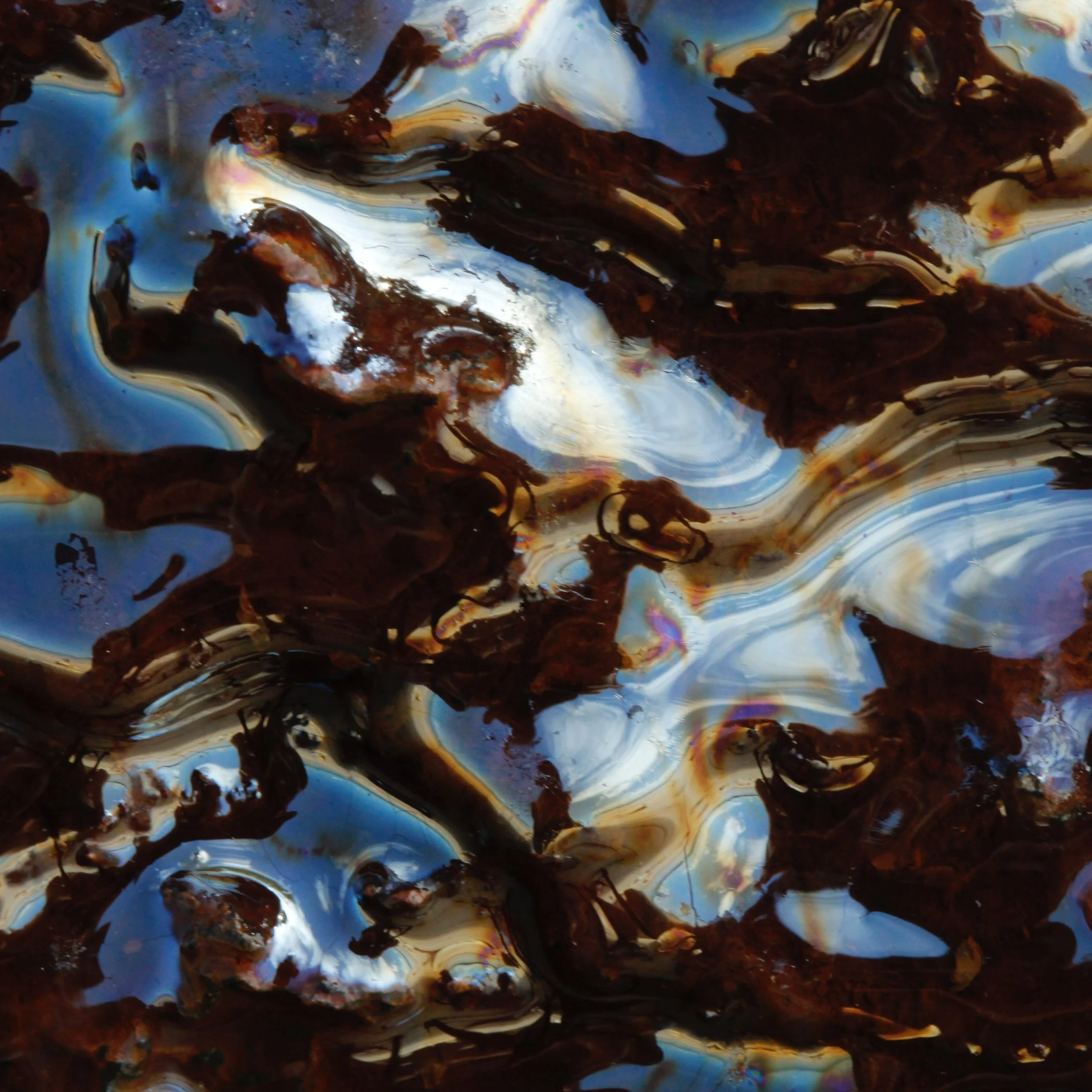 Liquified abstract acrylic art of dark brown, black, white, blue, and hints of orange and yellow swirling colours.