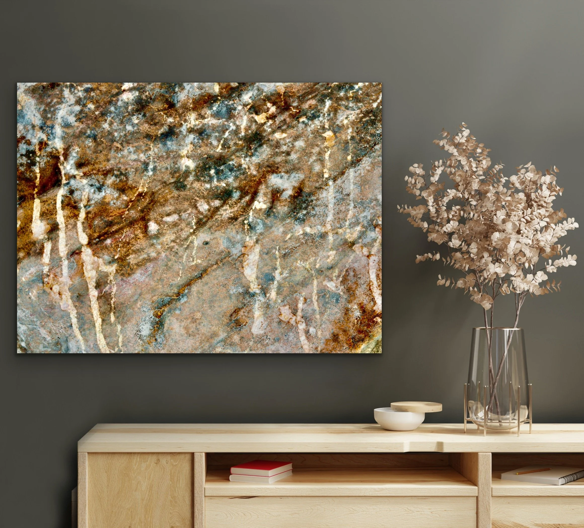 Large statement acrylic wall art with natural stone, where pale mineral veins cut through weathered layers of grey, art and warm earth tones . Ideal for modern homes and professional interiors.