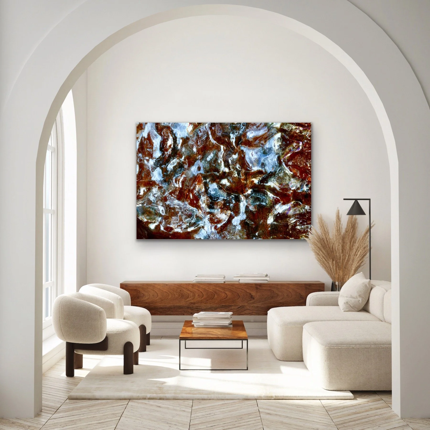 Modern living room with white walls, featuring a large abstract acrylic art with brown, white, and blue swirls.