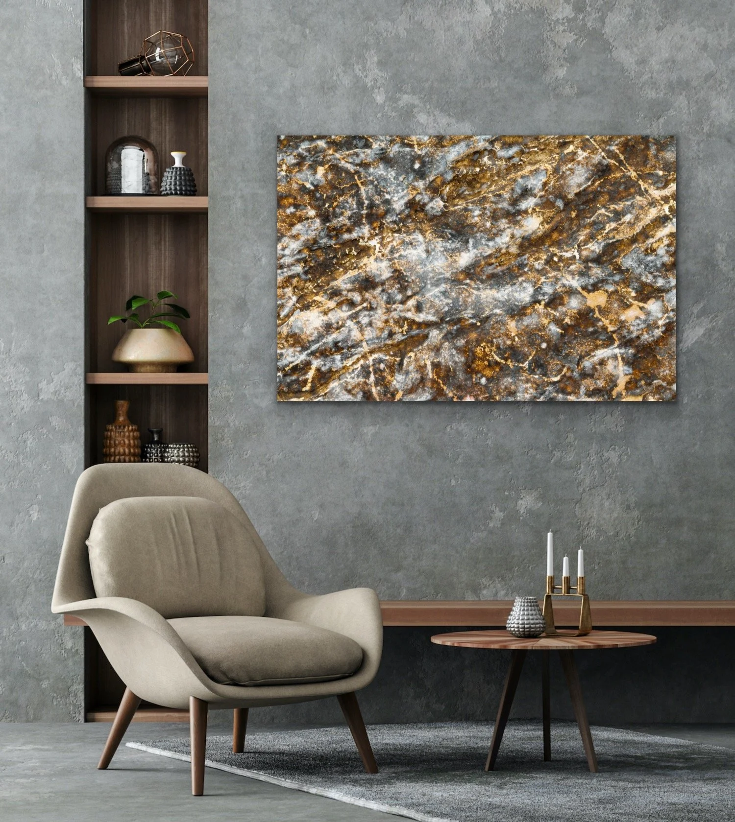Natural abstract wall art featured in a modern living room with grey textured walls, a beige armchair, a small wooden coffee table with candles and vases,