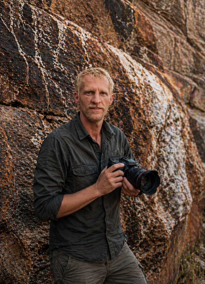 A man with blonde hair and a beard holding a professional camera, standing outdoors against a large, textured rock wall with moss and lichen.