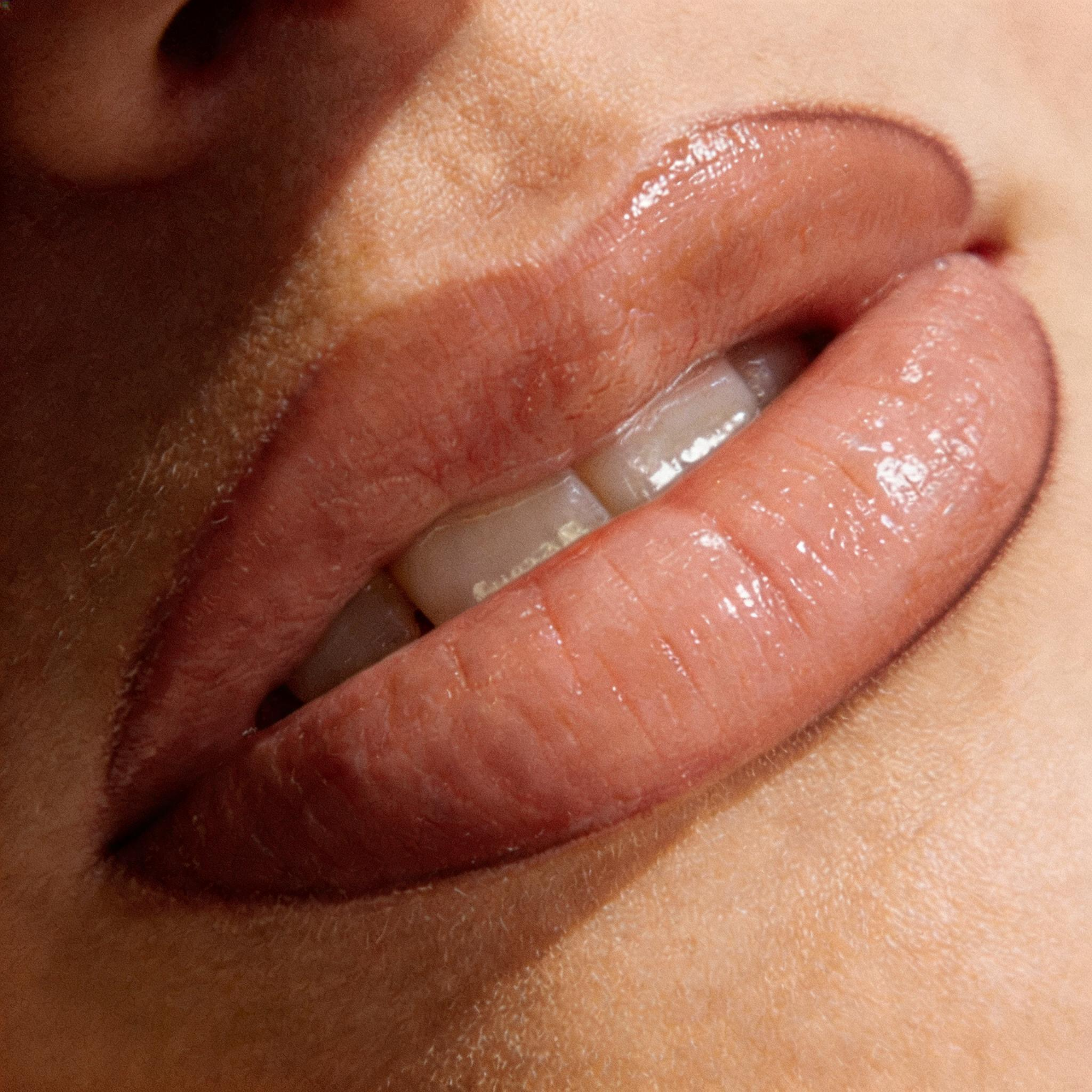 Nahaufnahme Lippen nach Lip Blush Behandlung – Permanent Make-up für natürlich voller wirkende Lippen mit gleichmässiger Pigmentierung und definierter Kontur
