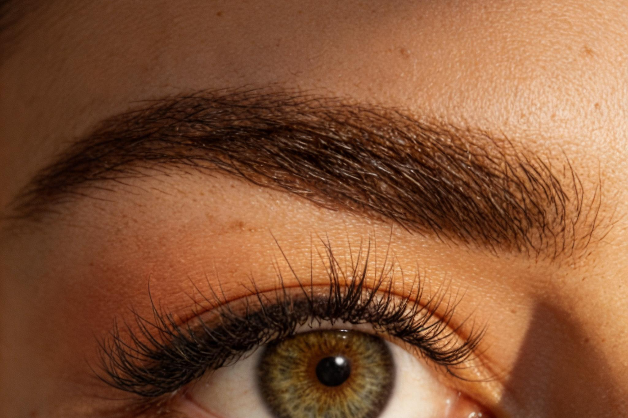 Nahaufnahme eines menschlichen Auges mit braunem Iris, dunklen Wimpern und Augenbraue.