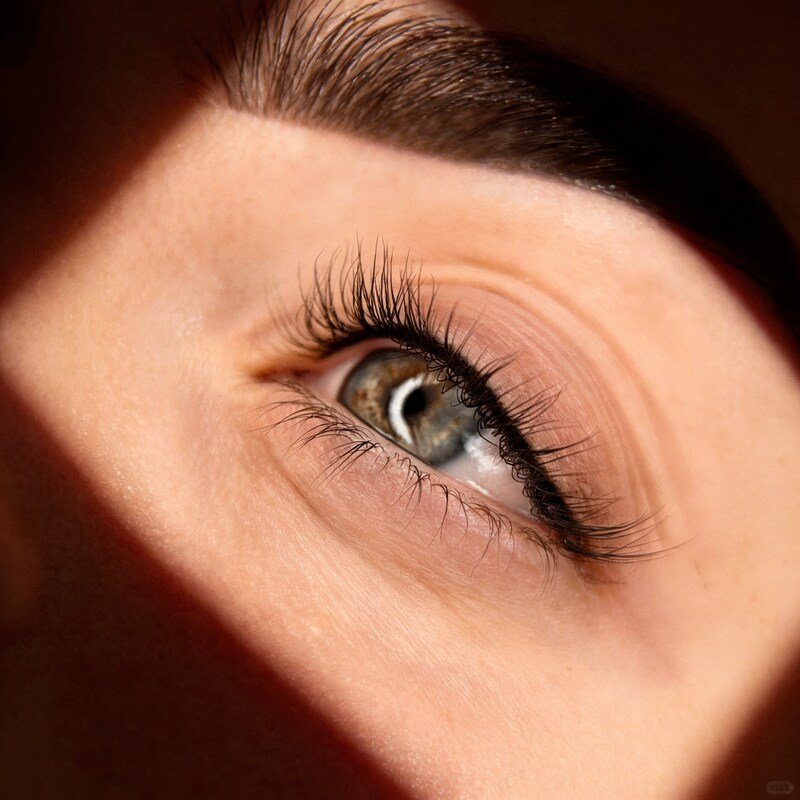 Nahaufnahme eines menschlichen Auges mit lange Wimpern, brauner Augenoberfläche und sichtbare Iris.