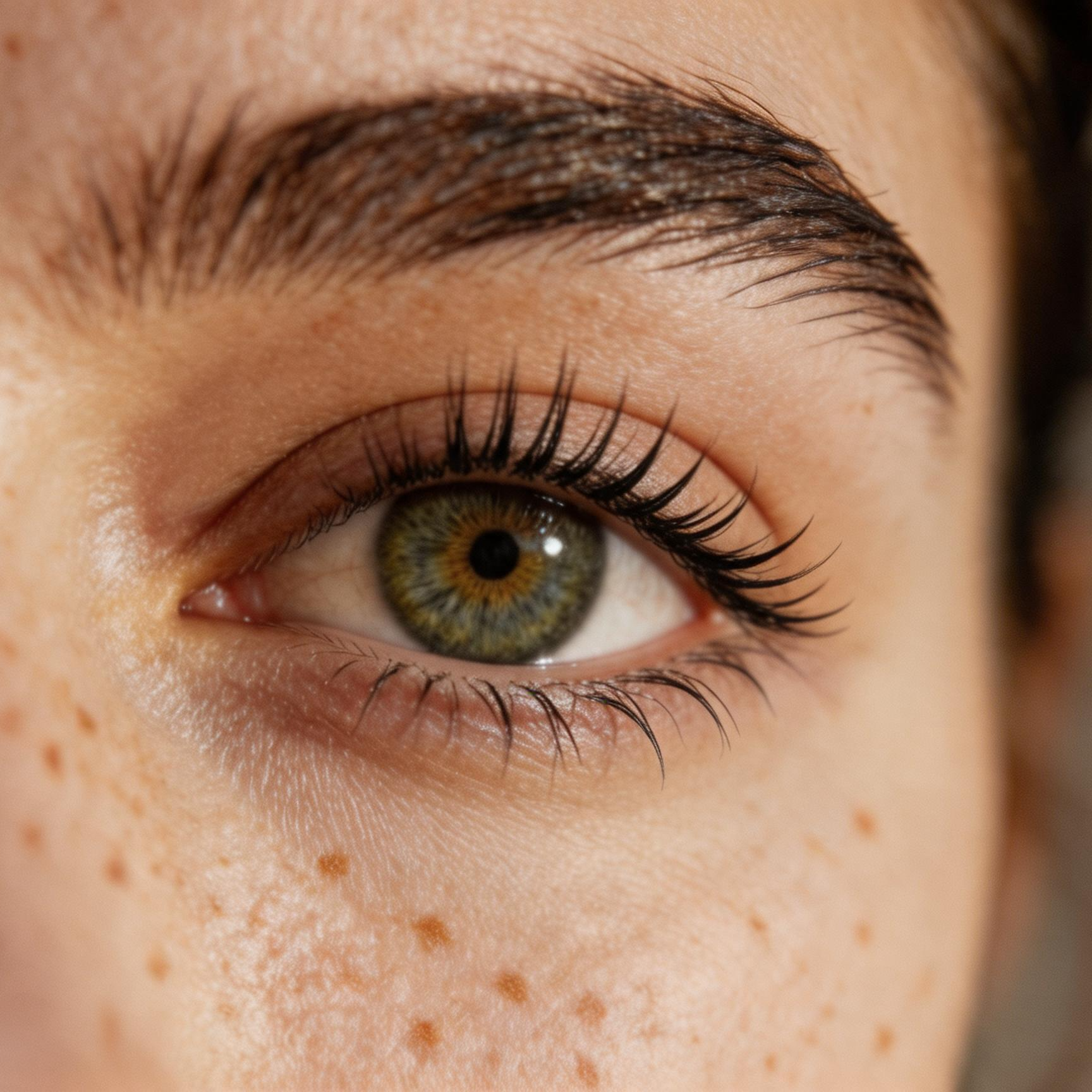 Nahaufnahme eines menschlichen Auges mit grüner Iris, dunklem Pupillenschwarz, langen Wimpern, brauner Augenlider und sichtbaren Sommersprossen auf der Haut um das Auge.