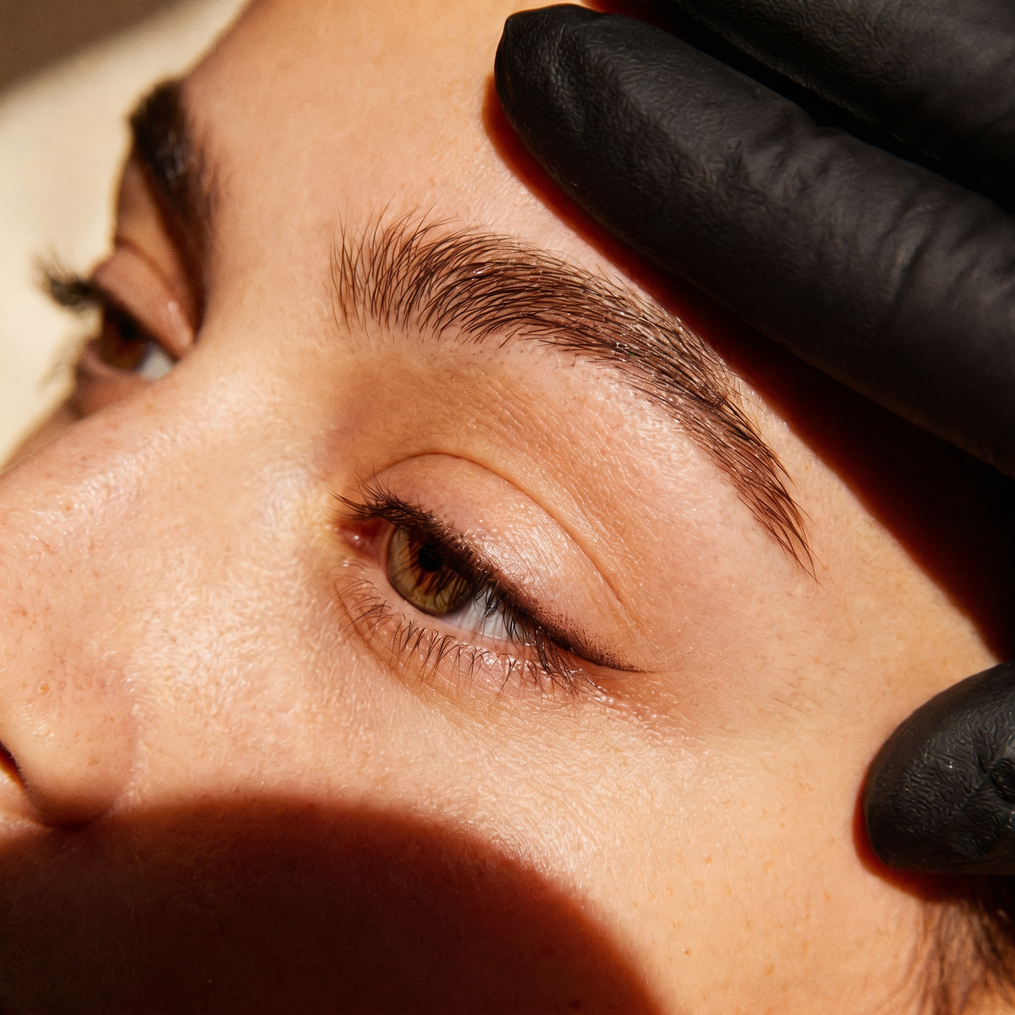 Nahaufnahme eines menschlichen Gesichts, Fokus auf die geschlossenen Augenbrauen und das Augenlid, mit schwarzem Make-up oder Tinte auf den Augenlidern.