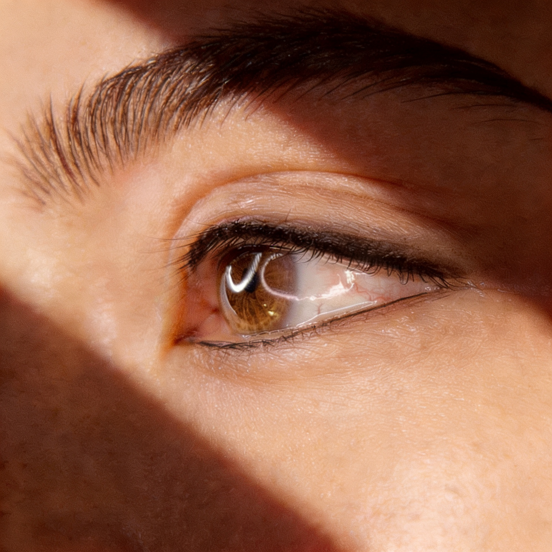 Nahaufnahme eines menschlichen Auges mit geschlossenem Lid, sichtbare Wimpern und Brauen, gespeicherte Details der Haut