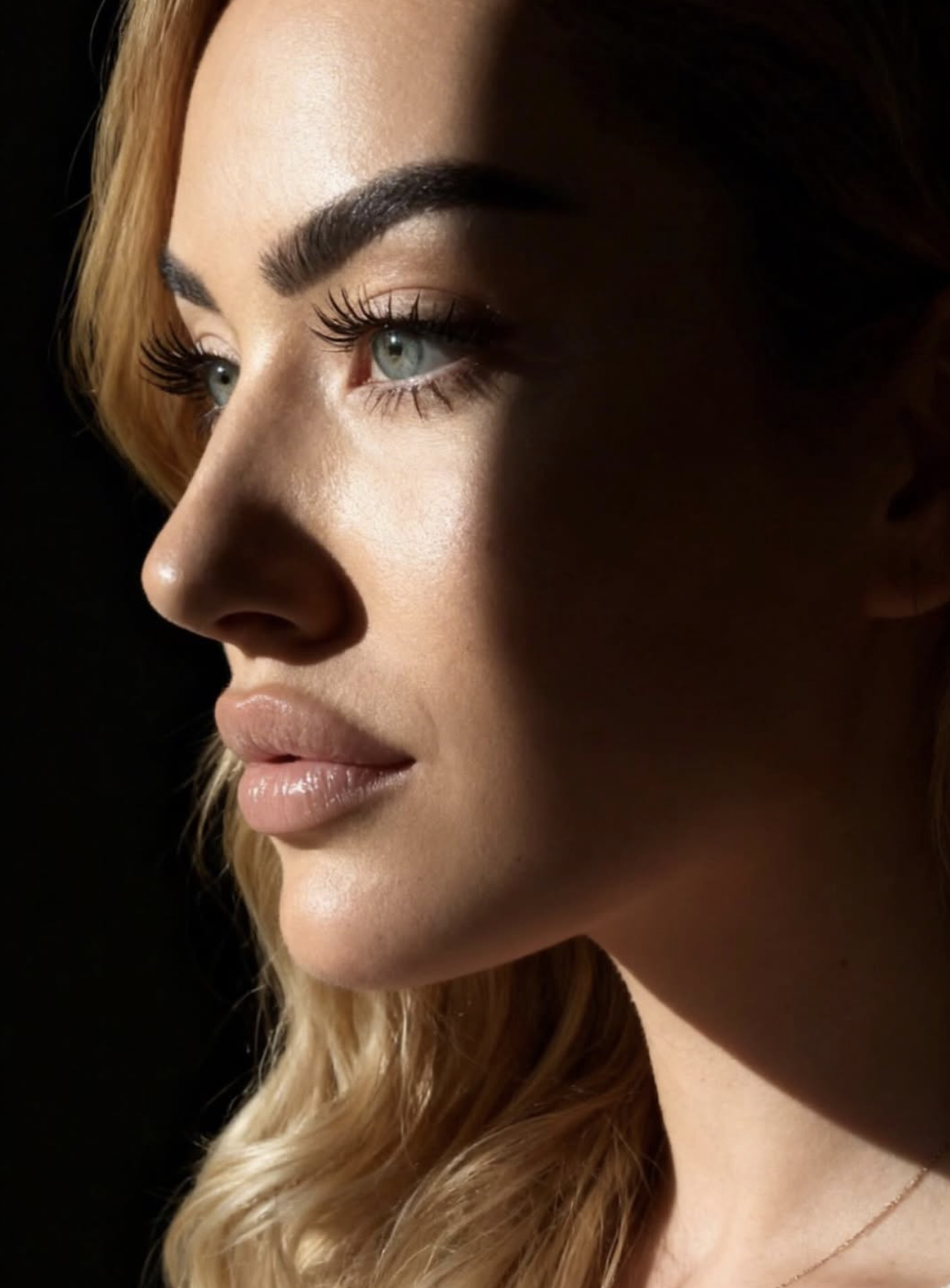 Nahaufnahme eines Frauenkopfes, der nach links blickt, mit blonden, lockigen Haaren und natürlicher Make-up, seitliche Beleuchtung vor dunklem Hintergrund.
