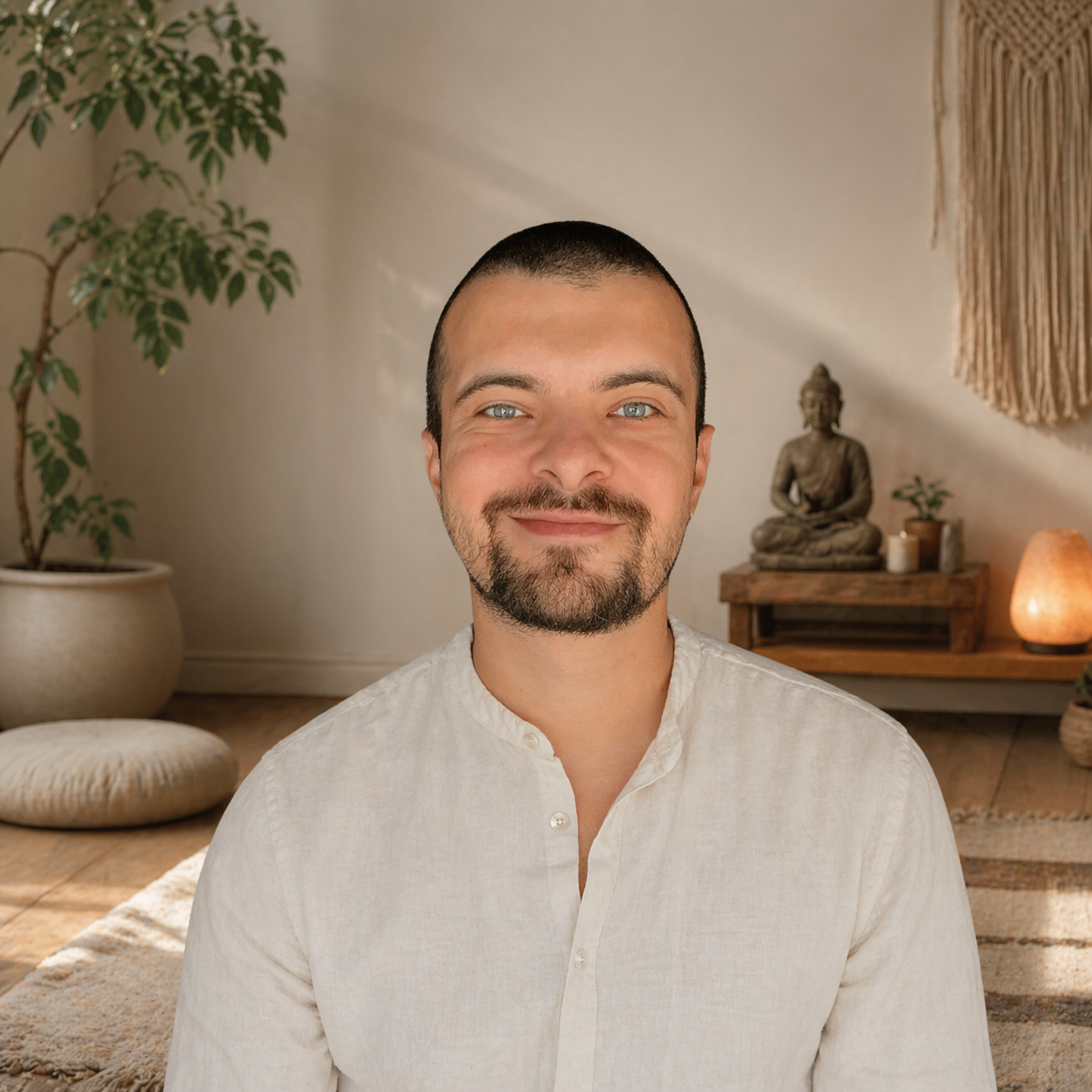 A smiling man with short dark hair, a beard, and blue eyes, sitting indoors in a room with a neutral color scheme, featuring plants, a Buddha statue, and soft lighting.