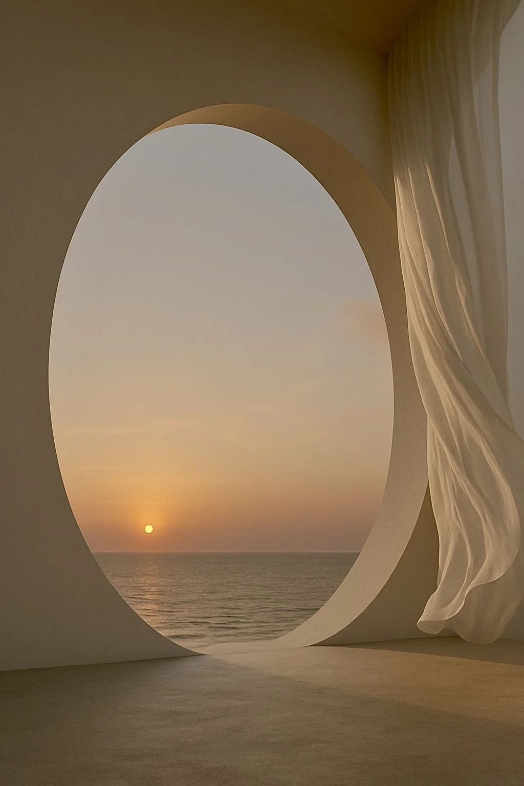 Sunset over the ocean viewed through an oval-shaped window with flowing white curtains.