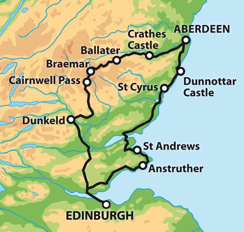 Map showing a route through northeastern Scotland with landmarks including Aberdeen, Crathes Castle, Ballater, Braemar, Cairnwell Pass, Dunkeld, St Andrews, Anstruther, and Edinburgh.