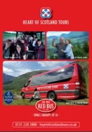 Tour brochure cover for Heart of Scotland Tours featuring images of a group of people, a woman by a lake, and a red tour bus labeled Red Bus
