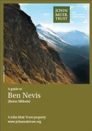 Book cover titled 'A Guide to Ben Nevis' by John Muir Trust, featuring a mountain landscape with steep cliffs and a cloudy sky.