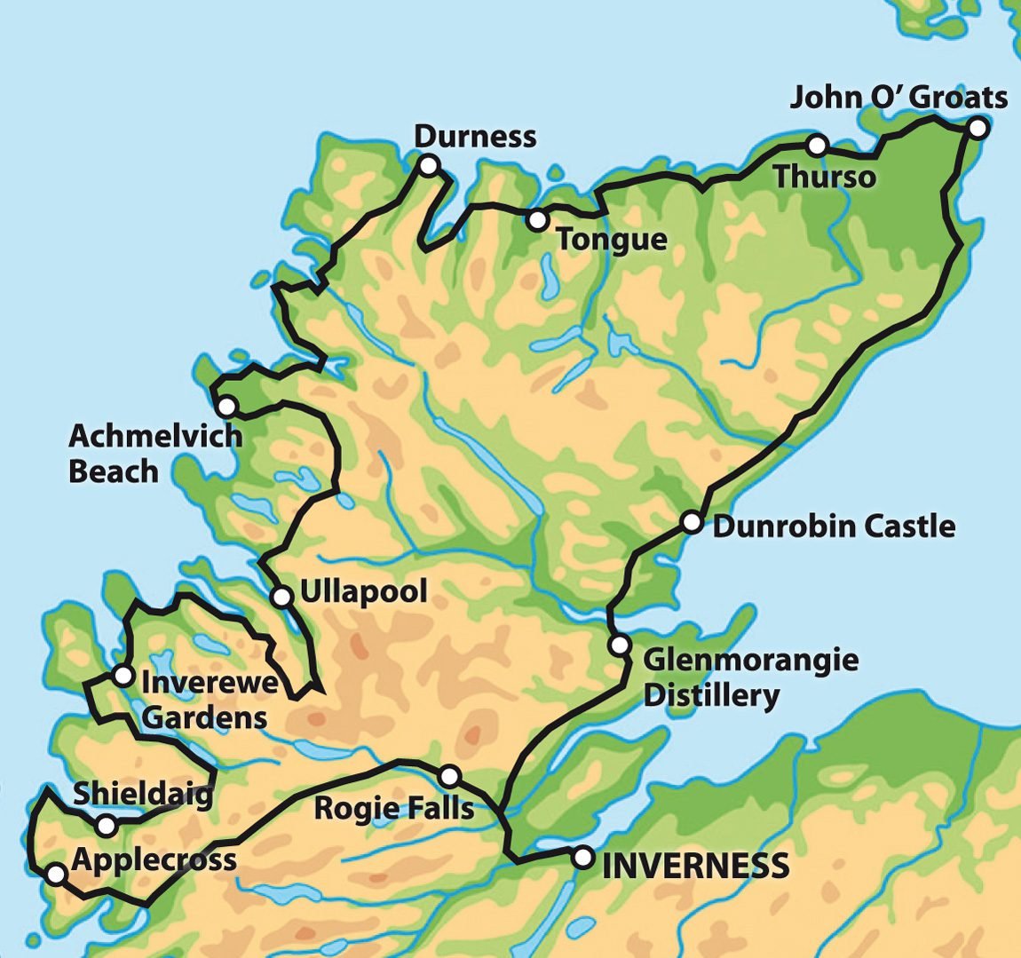 Map of the Scottish Highlands showing towns and landmarks including Inverness, Loch Ness, Dornoch, Thurso, John O' Groats, Dunrobin Castle, Glenmorangie Distillery, Rogie Falls, Applecross, Shieldaig, Inverwe Gardens, Ullapool, Achmelvich Beach, Durness, Tongue, and surrounding geographic features.