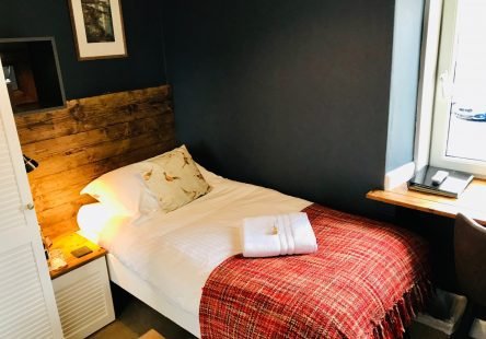 Hotel room with a bed, wooden headboard, white linens, a pillow, a red plaid blanket, a folded towel on the bed, a nightstand with a lamp, and a window with a view.