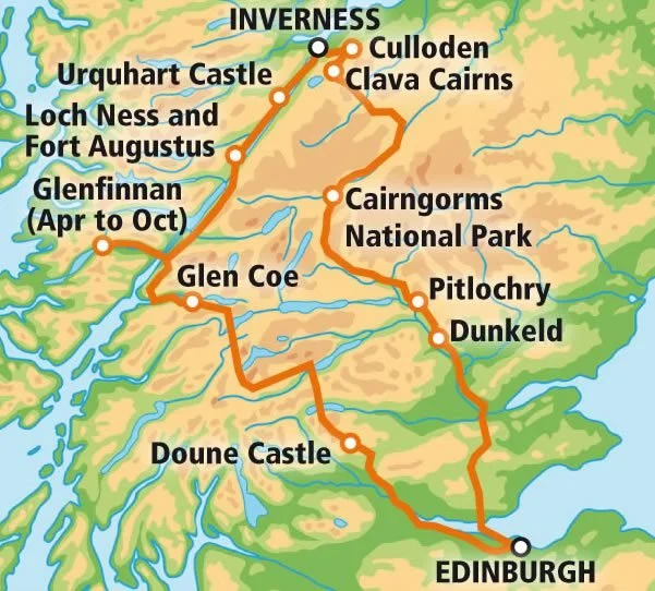 Map showing a travel route through the Scottish Highlands from Edinburgh to Inverness, passing locations such as Dunkeld, Pitlochry, Cairngorms National Park, Glencoe, Loch Ness, Urquhart Castle, Inverness, and other scenic areas.