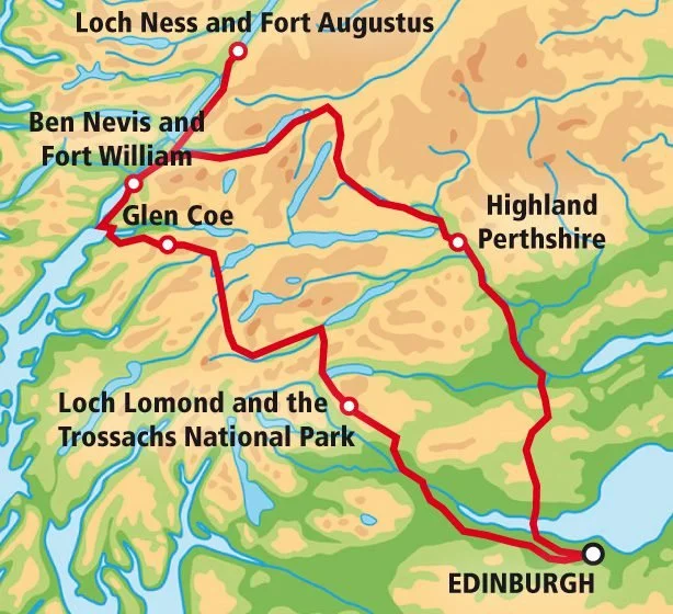Map of Scotland showing a travel route from Edinburgh to Loch Ness, Fort Augustus, Highland Perthshire, Glen Coe, Ben Nevis and Fort William, and Loch Lomond and Trossachs National Park.