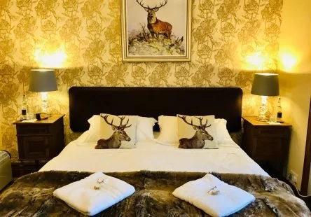 A bedroom with a bed, two nightstands, and matching lamps. The bed has pillows with deer images and a faux fur blanket. A framed picture of a deer hangs above the headboard.