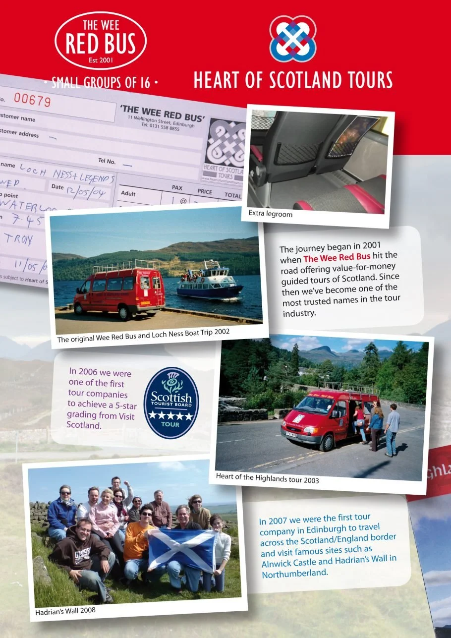 A collage of photos and text about the Wee Red Bus, a Scotland tour company. Includes a red tour bus, a boat trip, a group photo with a Scottish flag, interior legroom photo, and text detailing the company's history and achievements.