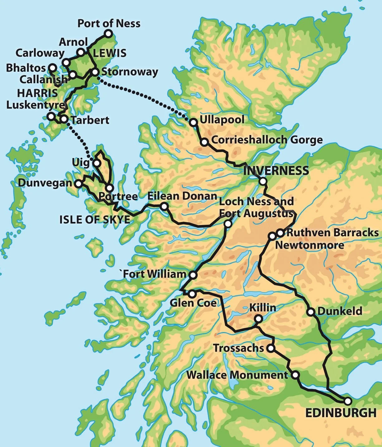 Map of the Isle of Skye and surrounding Scottish regions showing a travel route with key locations labeled, including Edinburgh, Trossachs, Wallace Monument, Dunkeld, Killin, Glen Coe, Fort William, Isle of Skye, and other towns and landmarks.