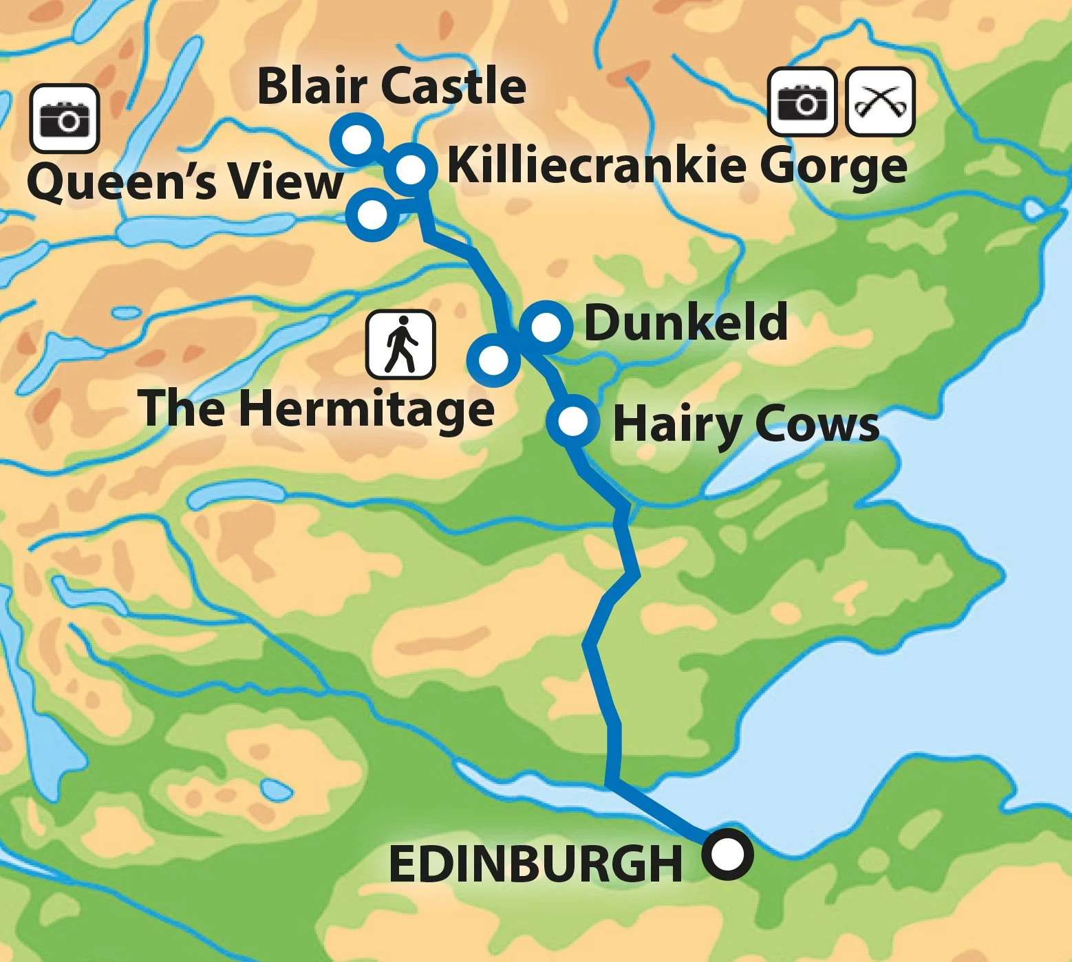 Map of a train route from Edinburgh to Blair Castle, passing through locations such as Queen's View, Killiecrankie Gorge, Dunkeld, and Hairy Cows, with icons indicating photography spots and hiking paths.