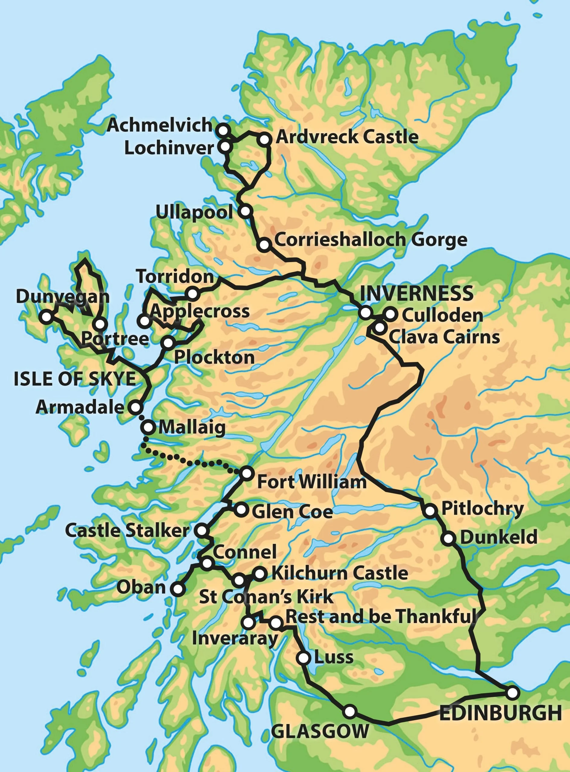 Map of the western and northern regions of Scotland showing various towns, castles, and landmarks, including Inverness, Loch Inver, Achmelvich, Ardvreck Castle, Isle of Skye, Dunyegan, Mallaig, Oban, Glasgow, and Edinburgh, with a detailed topographical background.
