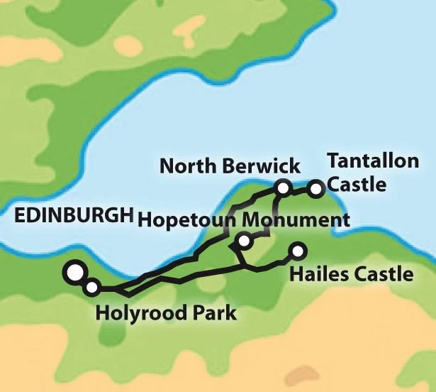 Map of Edinburgh showing key sites and connecting train lines, including Holyrood Park, Hopetoun Monument, Hailes Castle, Tantallon Castle, North Berwick, and the city's center.