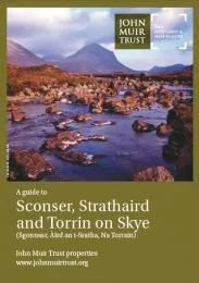 Cover of a guidebook titled 'A guide to Sconser, Strathaird and Torrin on Skye'. The cover features a landscape photo of a river flowing through rocks with mountains and a cloudy sky in the background.