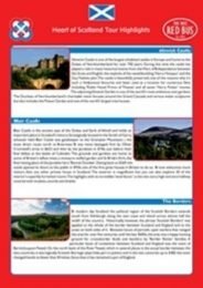 Travel brochure for Heart of Scotland highlighting attractions like Stirling Castle, Loch Lomond, and the Trossachs, with images of castles, lakes, and scenic landscapes.