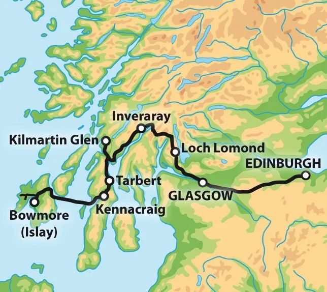 Map of Scotland showing the route from Edinburgh to Bowmore on Islay, passing through Glasgow, Loch Lomond, Inveraray, Kilmartin Glen, Tarbert, and Kennacraig.