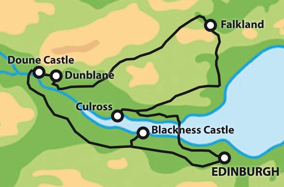 Map showing locations and routes in the Scottish Highlands, including Dunblane, Doune Castle, Culross, Falkland, Blackness Castle, and Edinburgh, with a water body near Blackness Castle.