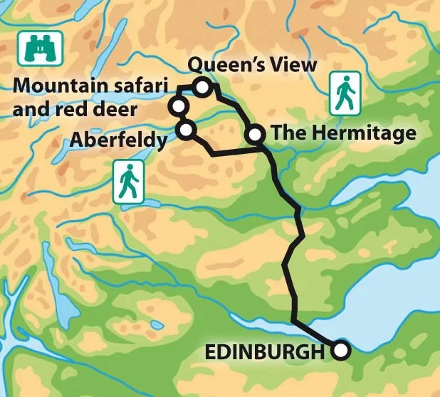 A map showing a route from Edinburgh to Queen's View marked with stops at The Hermitage, Aberfeldy, and a mountain safari and red deer area, with icons indicating walking paths and a castle icon at the top left.