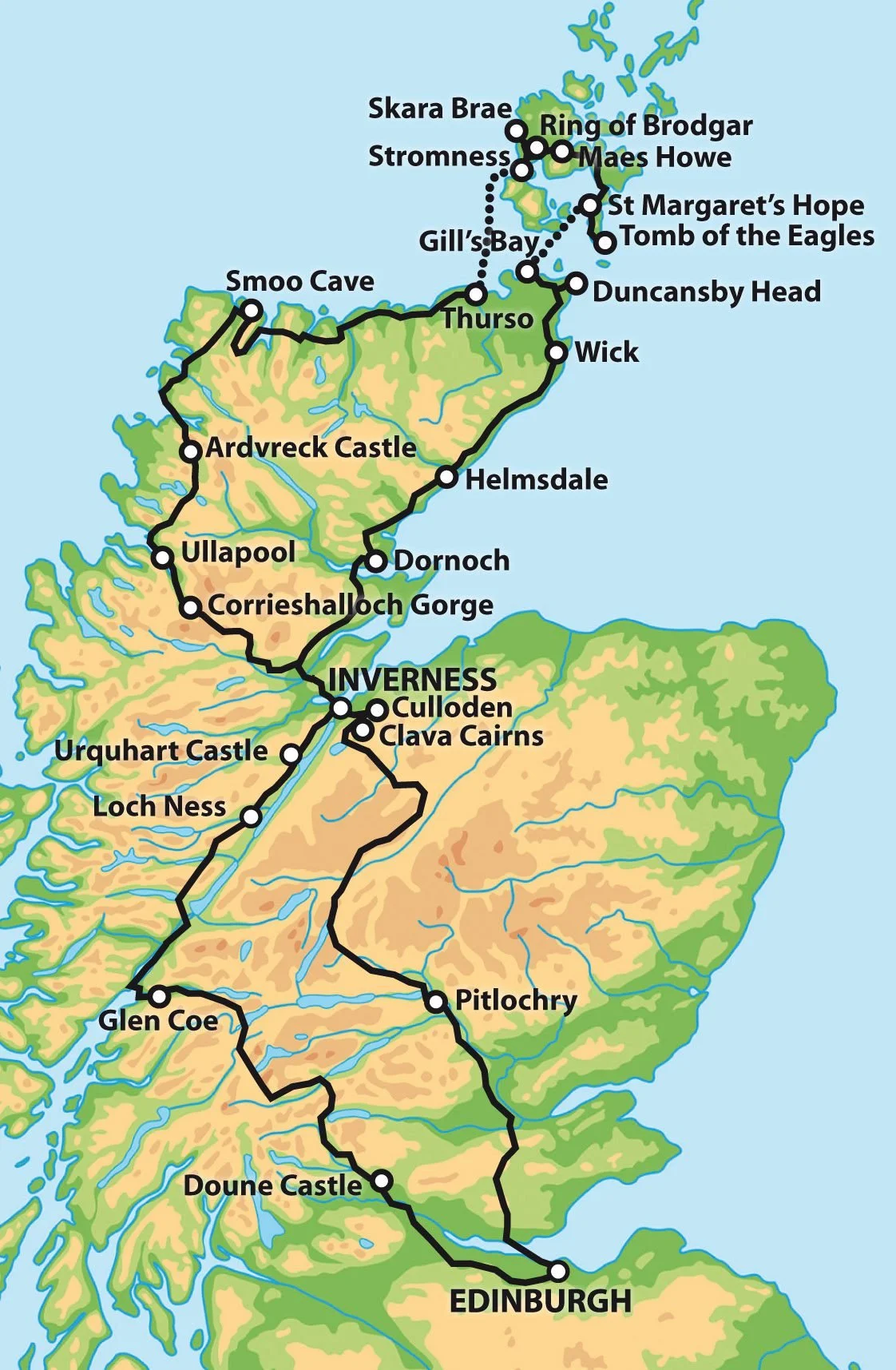Map of Scotland showing train routes and notable landmarks such as Edinburgh, Inverness, Loch Ness, Urquhart Castle, Glen Coe, and multiple castles, with topographical features and bodies of water.