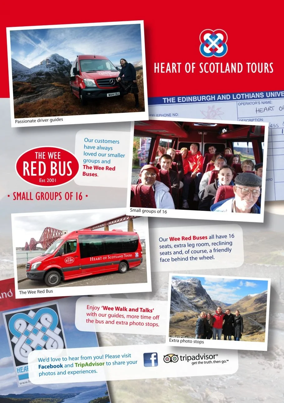 Promotional collage for Heart of Scotland Tours featuring scenic landscape photos, tour guides, small group buses with 16 seats, and a ferry bridge. Includes logo, tour information, and social media links.