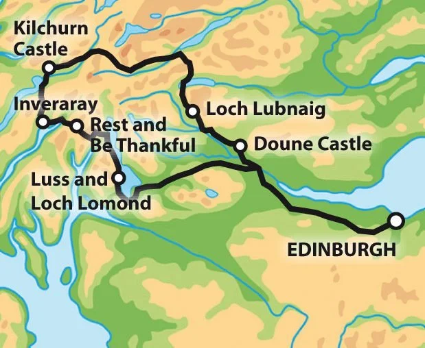 Map of a travel route in Scotland featuring stops at Edinburgh, Douné Castle, Loch Lubnaig, Rest and Be Thankful, Inveraray, Kilchurn Castle, and Luss and Loch Lomond.