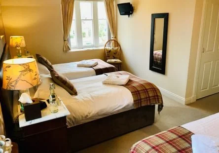 A cozy hotel room with two beds, a window with yellow curtains, a mirror on the wall, a small table with a lamp and water bottles, and a wall-mounted TV.